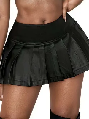 1pc Slayr 2024 Women'S Sexy Streetwear Stretchy Black PU Mini Skirt with Elastic Shorts Lining, Solid Color, Knit Fabric, All-Season, Short Length, Pleated Hem, Polyester