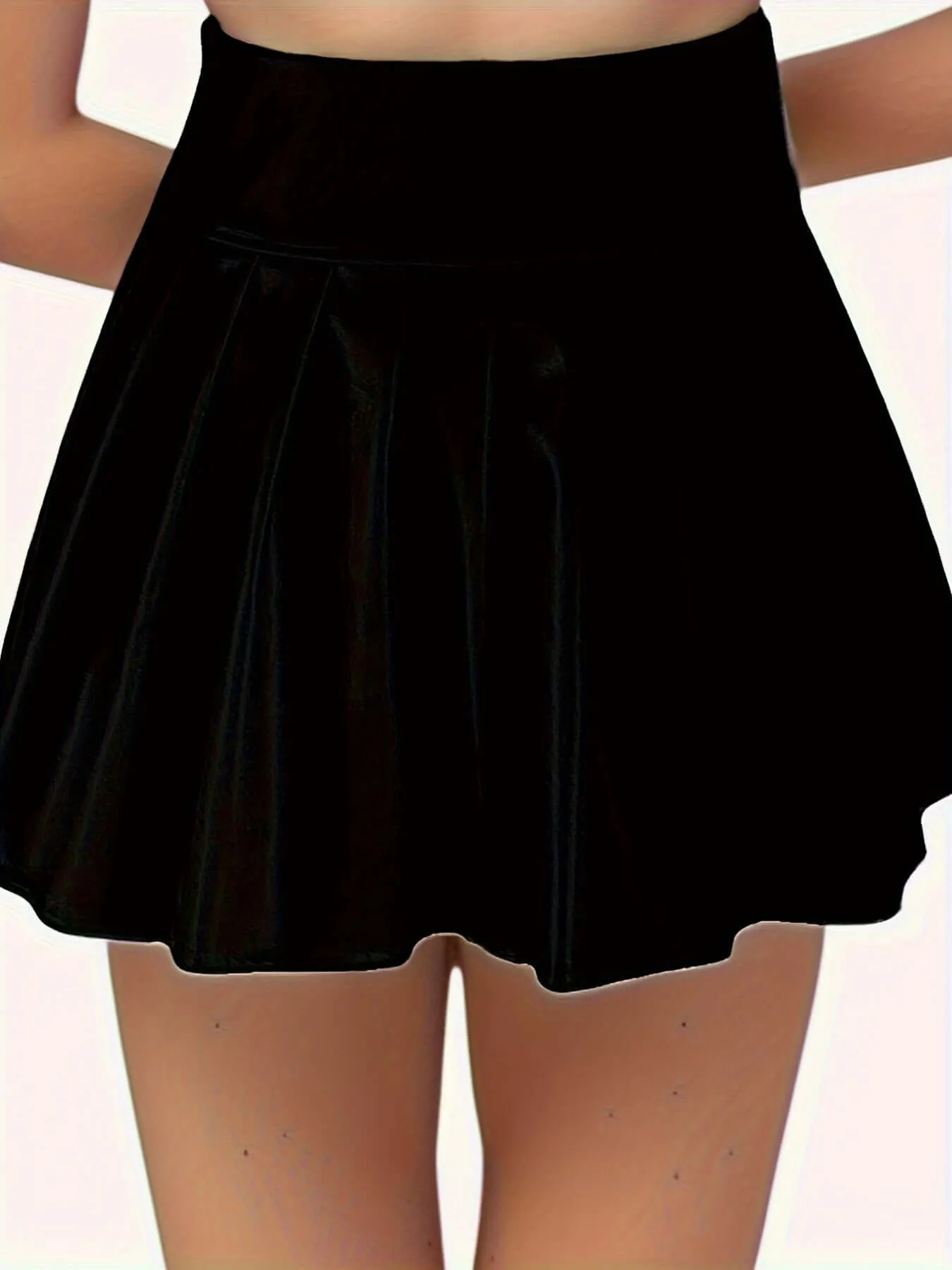 1pc Slayr 2024 Women'S Sexy Streetwear Stretchy Black PU Mini Skirt with Elastic Shorts Lining, Solid Color, Knit Fabric, All-Season, Short Length, Pleated Hem, Polyester
