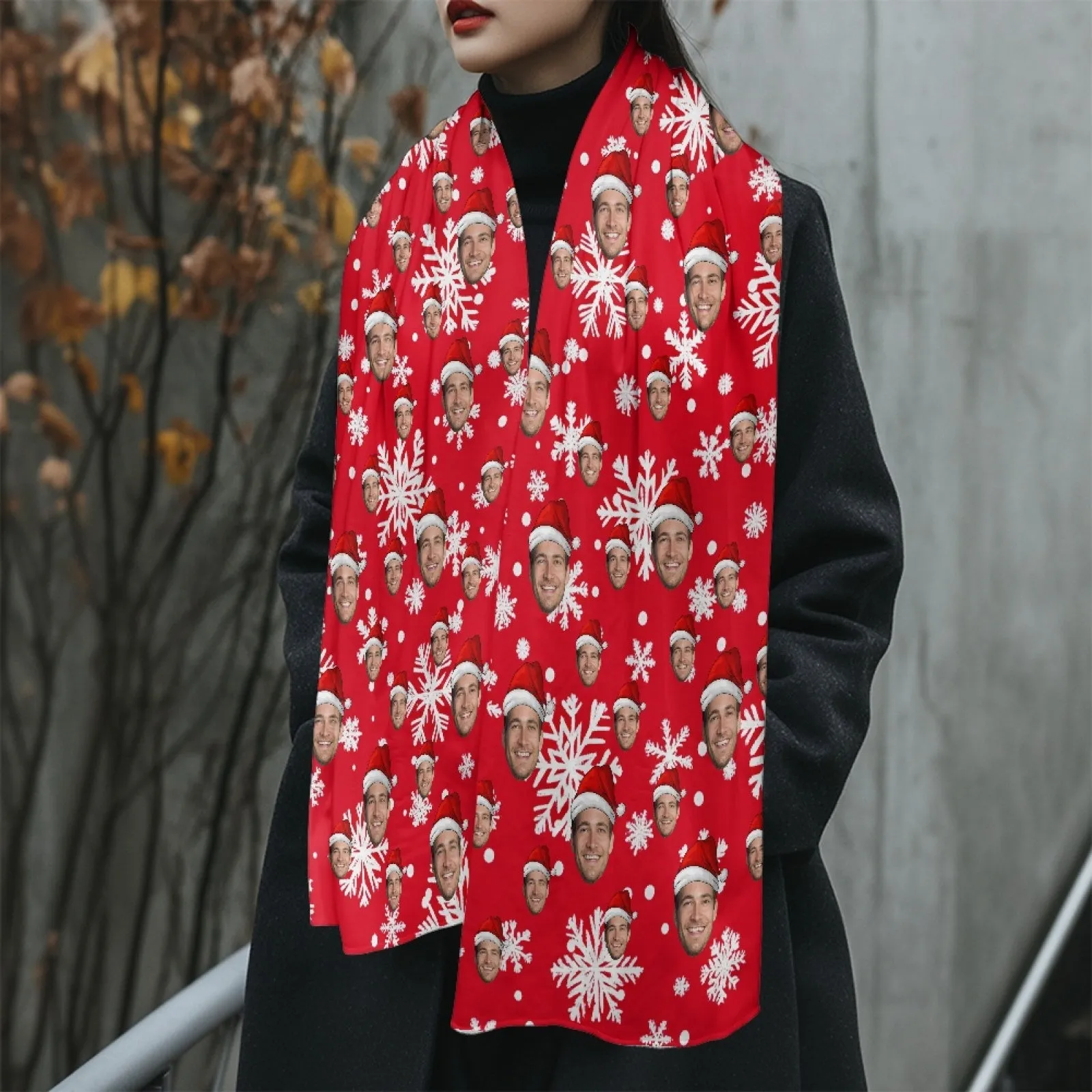 2 Piece Warm Gift Custom Face Christmas Snowflake Fluffy Scarf and Santa Hat Soft&High Elasticity Winter Gift