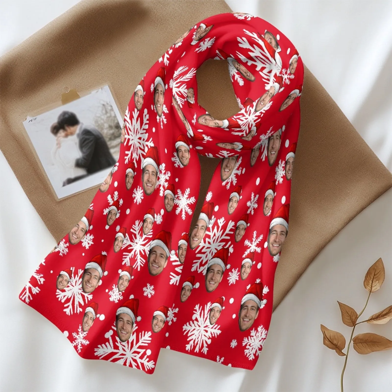 2 Piece Warm Gift Custom Face Christmas Snowflake Fluffy Scarf and Santa Hat Soft&High Elasticity Winter Gift