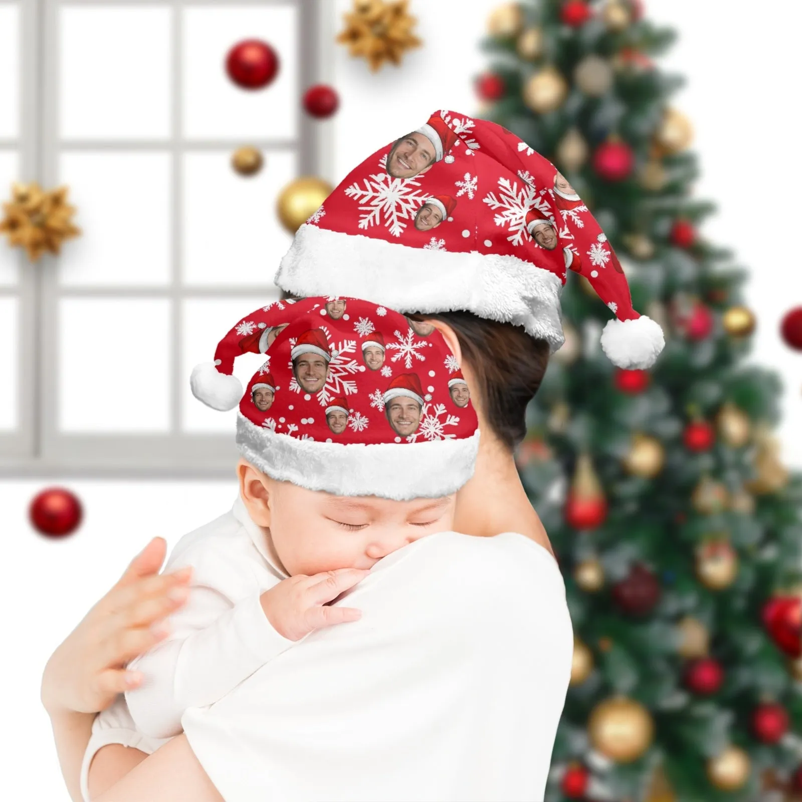 2 Piece Warm Gift Custom Face Christmas Snowflake Fluffy Scarf and Santa Hat Soft&High Elasticity Winter Gift