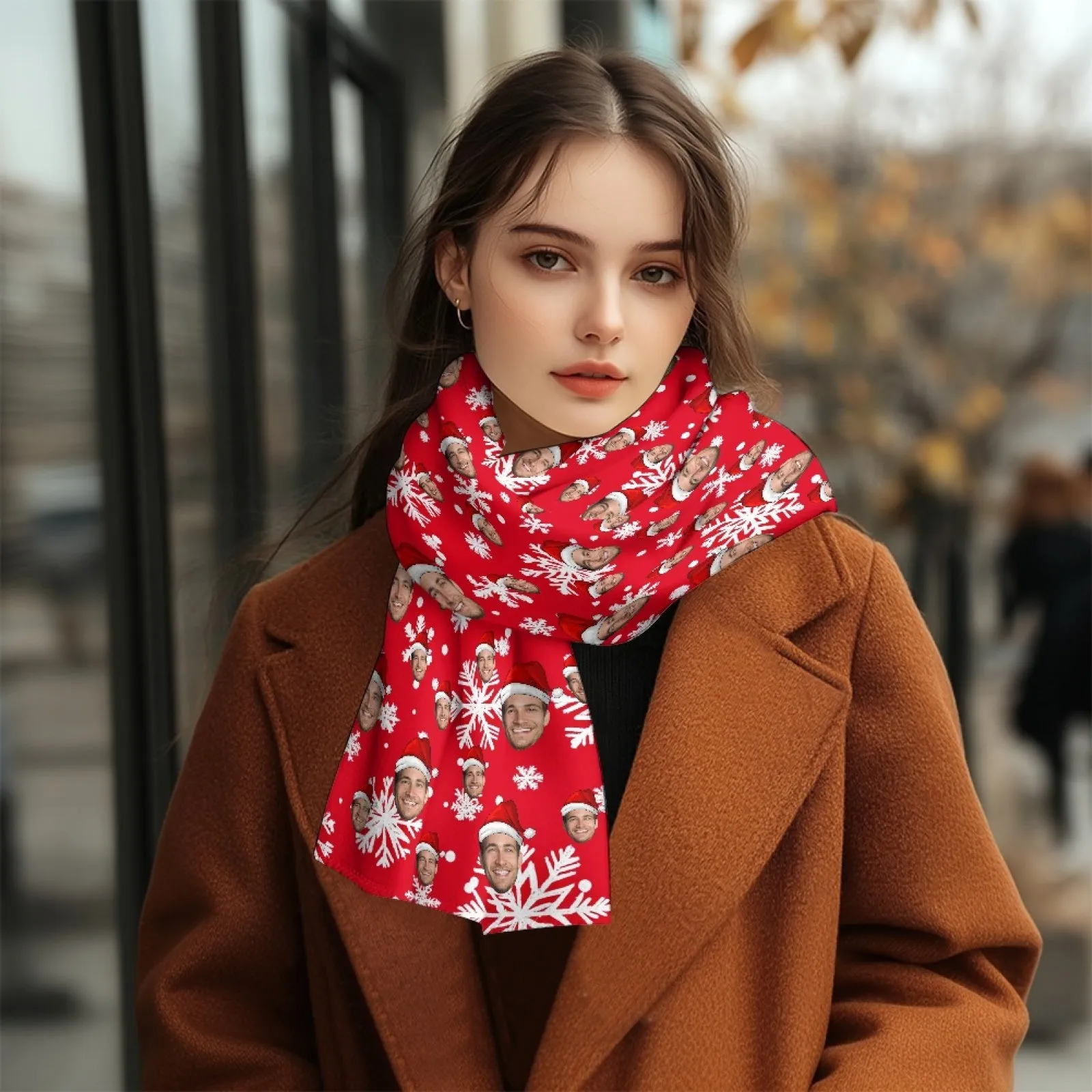 2 Piece Warm Gift Custom Face Christmas Snowflake Fluffy Scarf and Santa Hat Soft&High Elasticity Winter Gift