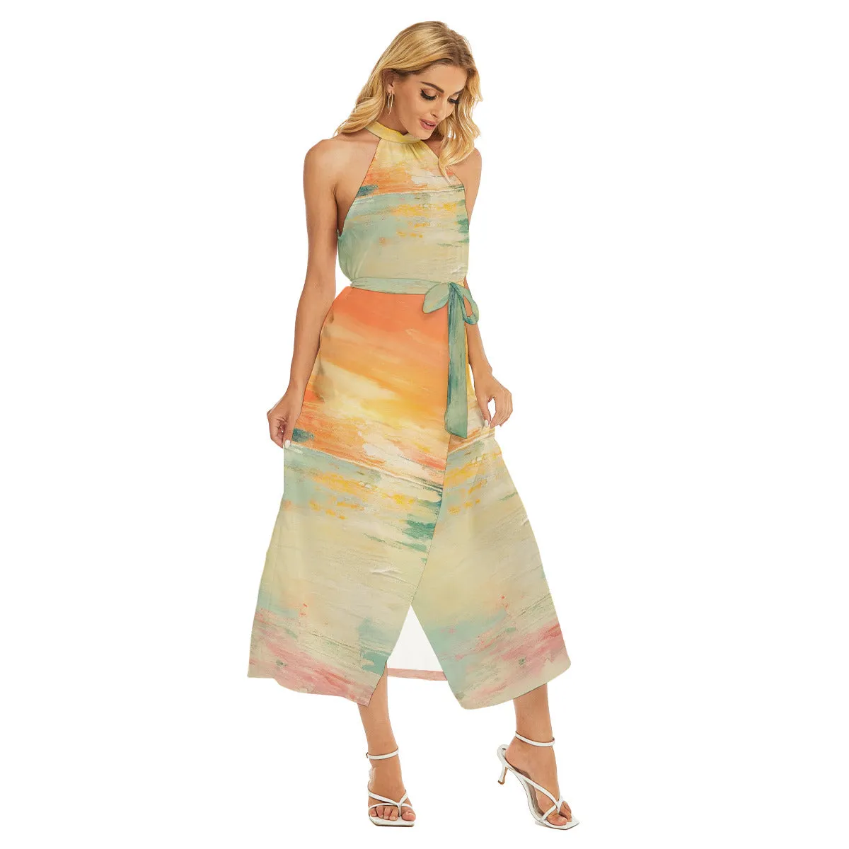 Abstract Hem Belted Halter Dress