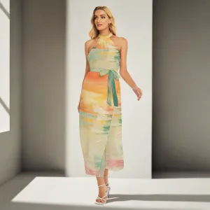 Abstract Hem Belted Halter Dress