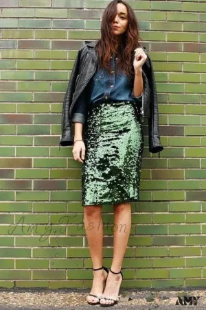 Amy Fashion - Sequin Zipper Package Hip Slim Pencil Skirt