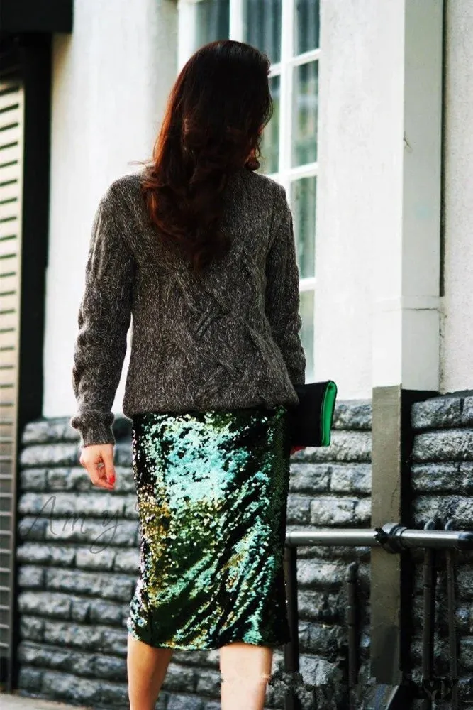 Amy Fashion - Sequin Zipper Package Hip Slim Pencil Skirt