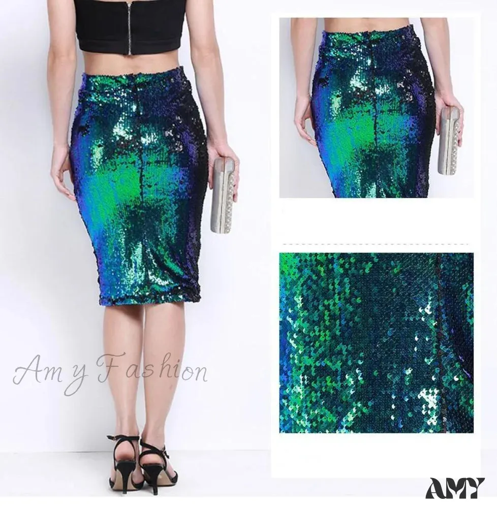 Amy Fashion - Sequin Zipper Package Hip Slim Pencil Skirt