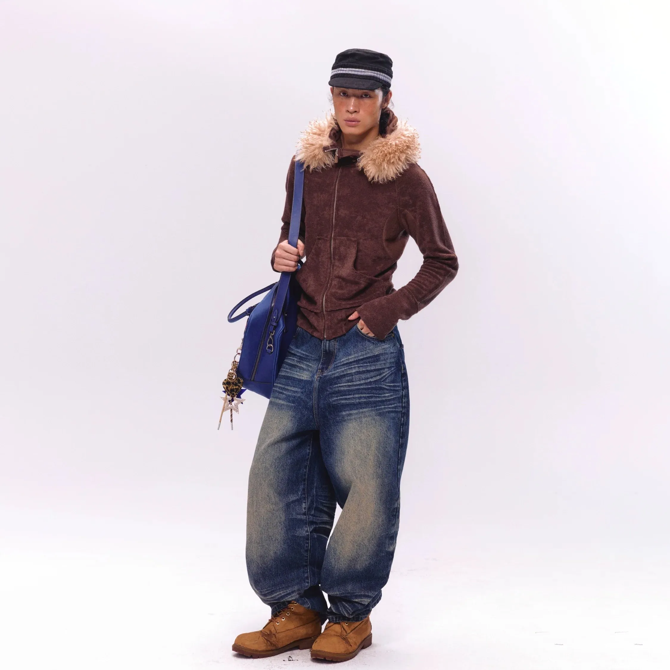 Asymmetric Placket Fur Collar Hooded Jacket