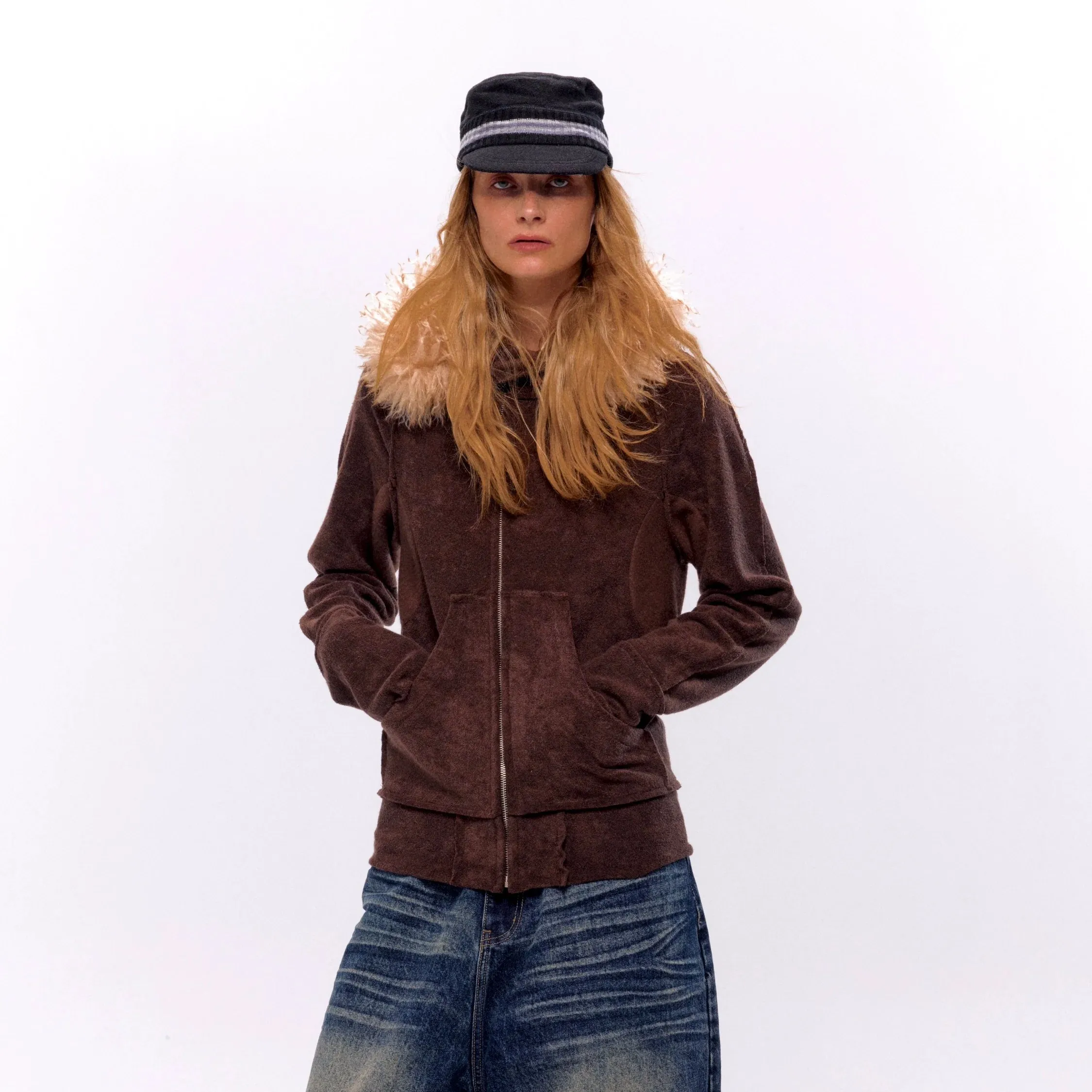 Asymmetric Placket Fur Collar Hooded Jacket