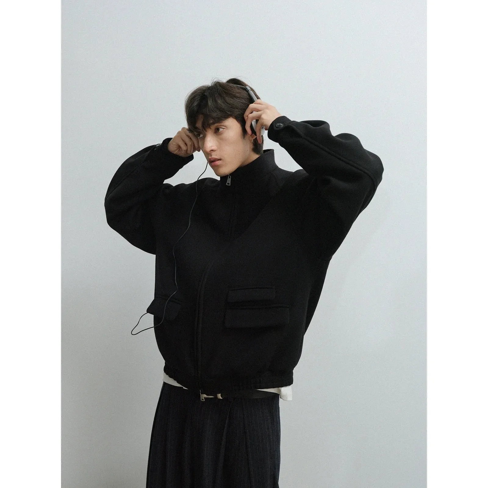 Black Stand Collar Embroidered Jacket