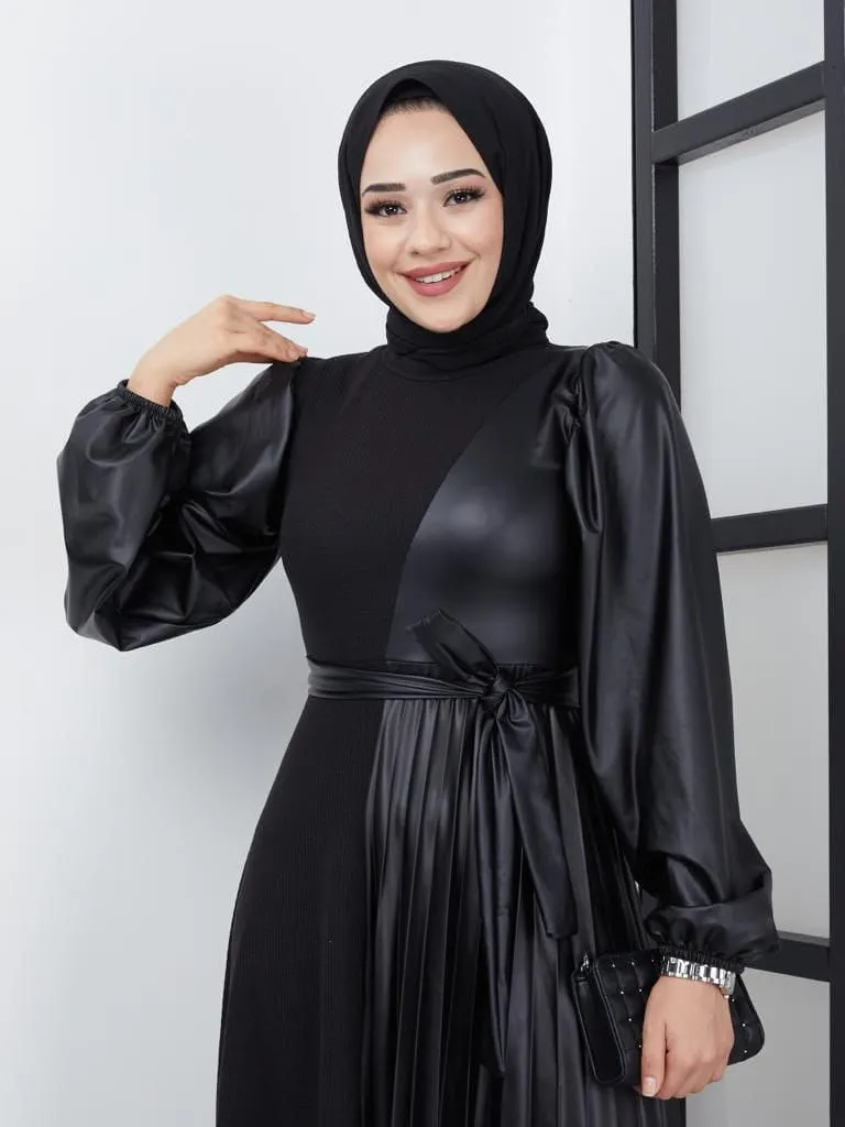 BNG Women Black Dress with Ruffle Leather Detail - Clermont