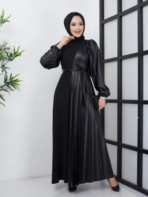 BNG Women Black Dress with Ruffle Leather Detail - Clermont