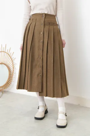 Brown 2 ways wool pleats skirt with buttons
