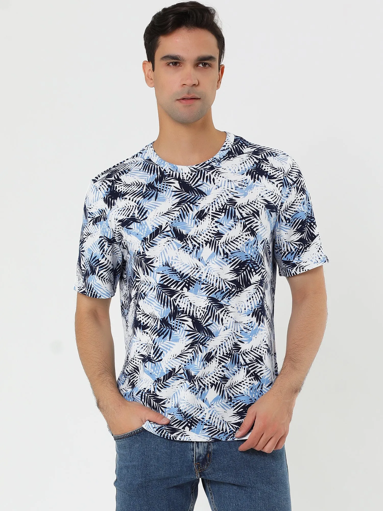 Chic Tropical Print Round Neck Short Sleeve T-shirt