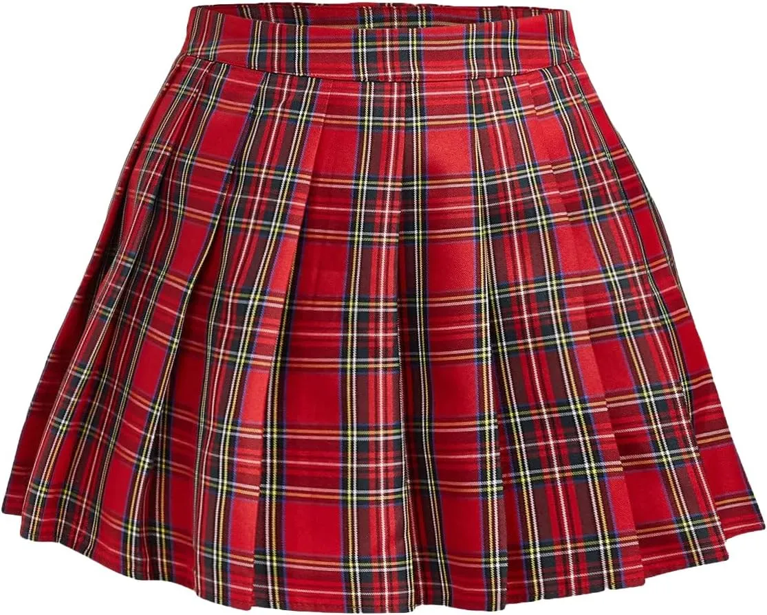 Floerns Women's Plus Size Plaid Print High Waist Pleated Hem Skater Skirt