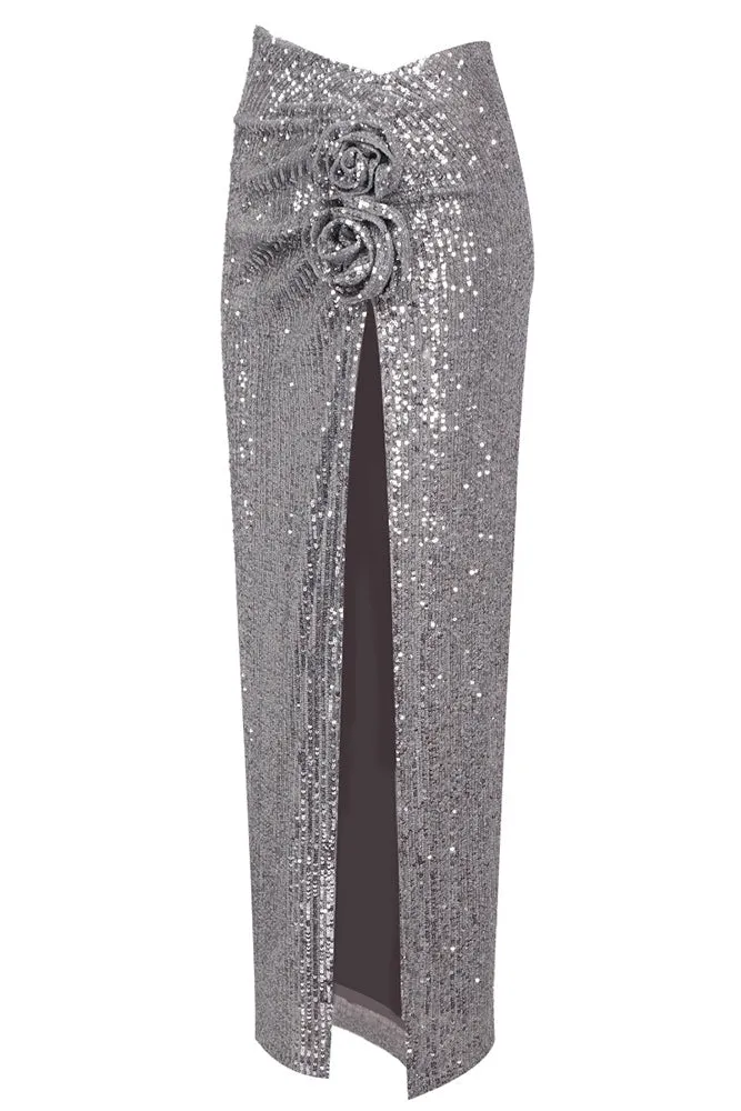Floral-applique Sequined Slit Maxi Skirts