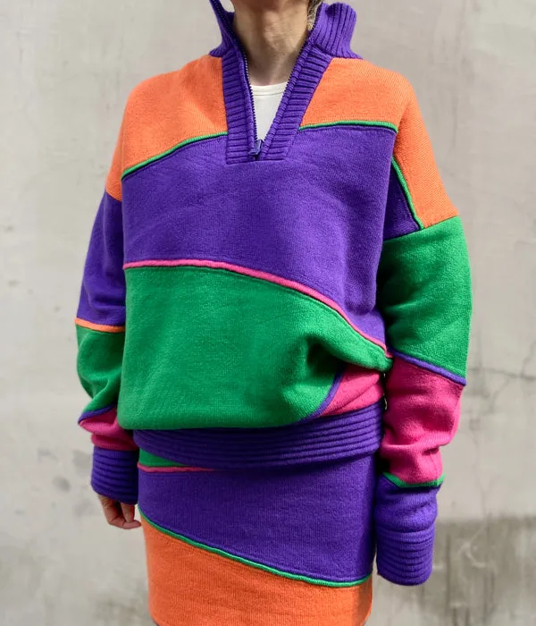 FUMIKA_UCHIDA/JACQUARD KNITTED OVERSIZED REVERSIBLE HALF ZIP JUMPER(COLOR BLOCK/ORANGE)