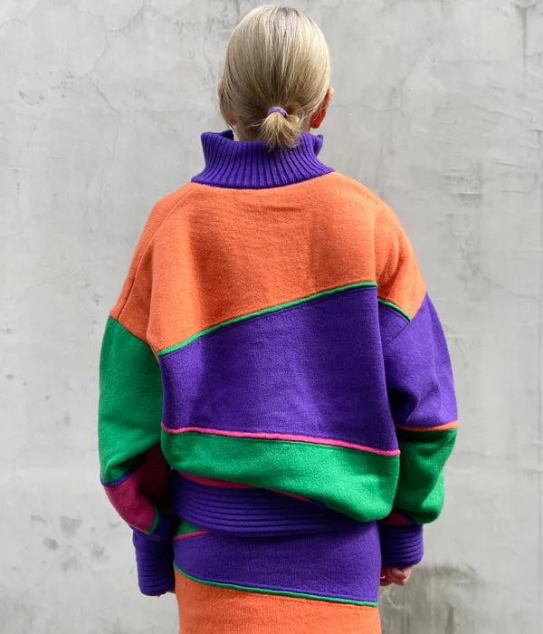 FUMIKA_UCHIDA/JACQUARD KNITTED OVERSIZED REVERSIBLE HALF ZIP JUMPER(COLOR BLOCK/ORANGE)