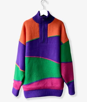 FUMIKA_UCHIDA/JACQUARD KNITTED OVERSIZED REVERSIBLE HALF ZIP JUMPER(COLOR BLOCK/ORANGE)