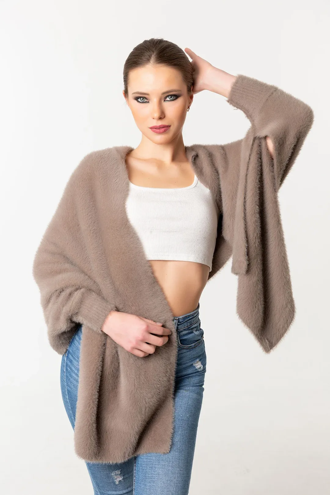 Fuzzy Poncho Shawl with Sleeves - Camel