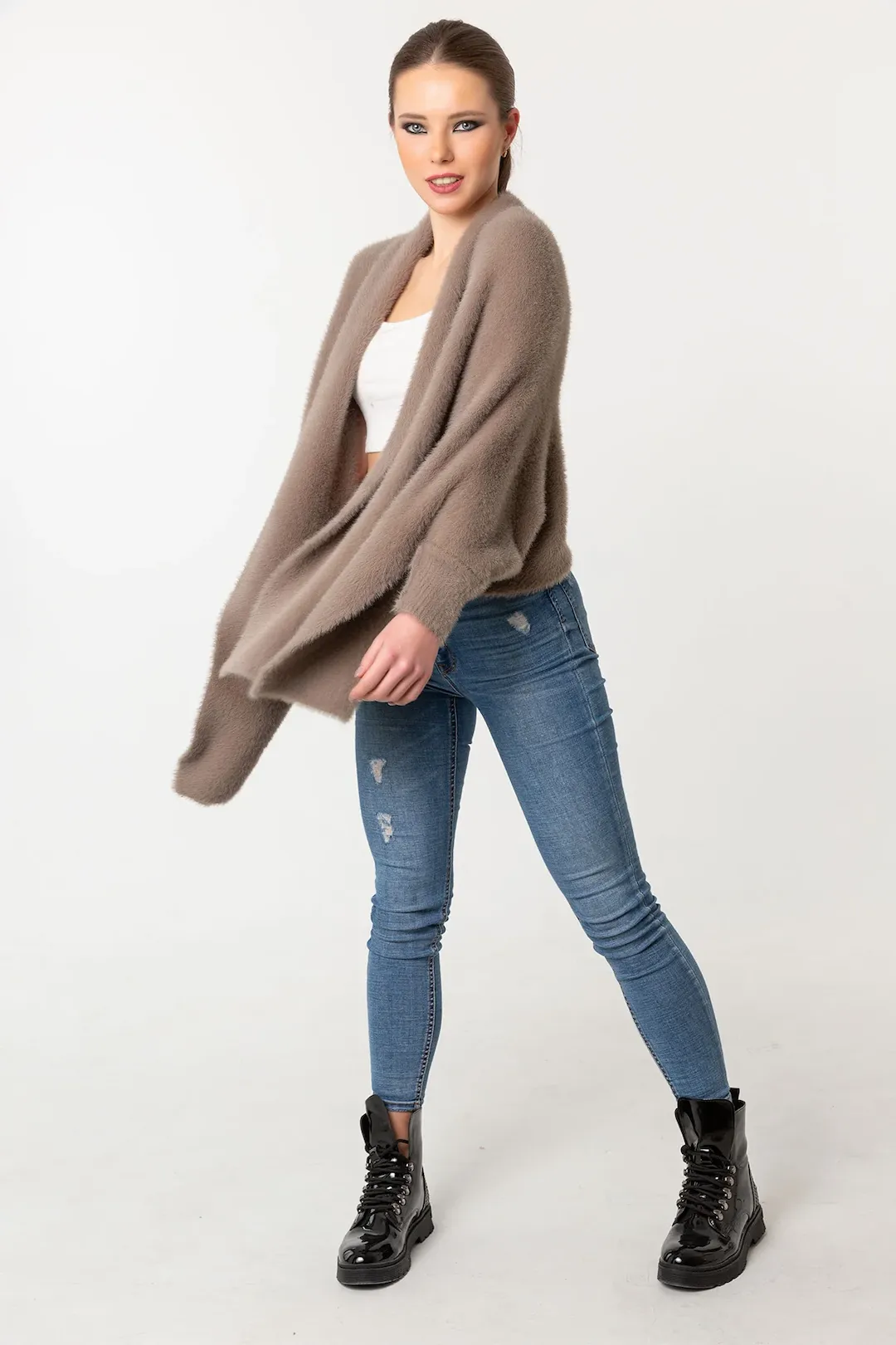 Fuzzy Poncho Shawl with Sleeves - Camel