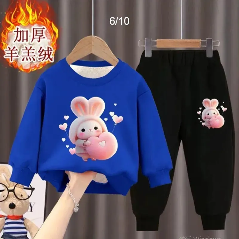 Girl's internet celebrity new little bunny stylish plush thickened hoodie two-piece set for girls and babies fashionable winter