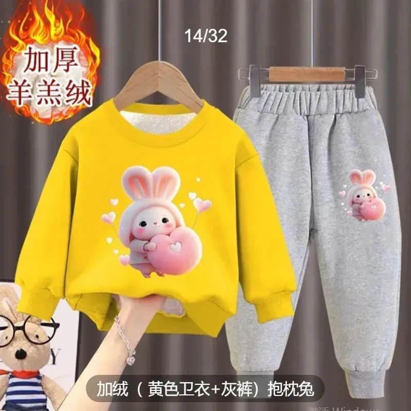 Girl's internet celebrity new little bunny stylish plush thickened hoodie two-piece set for girls and babies fashionable winter