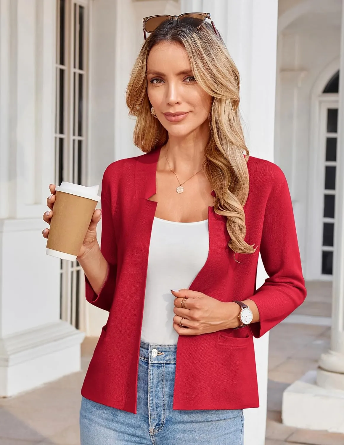 GRACE KARIN Women Sweater Blazer 3/4 Sleeve Cropped Cardigan Lightweight Notch Collar Knit Blazer Jacket Business Casual