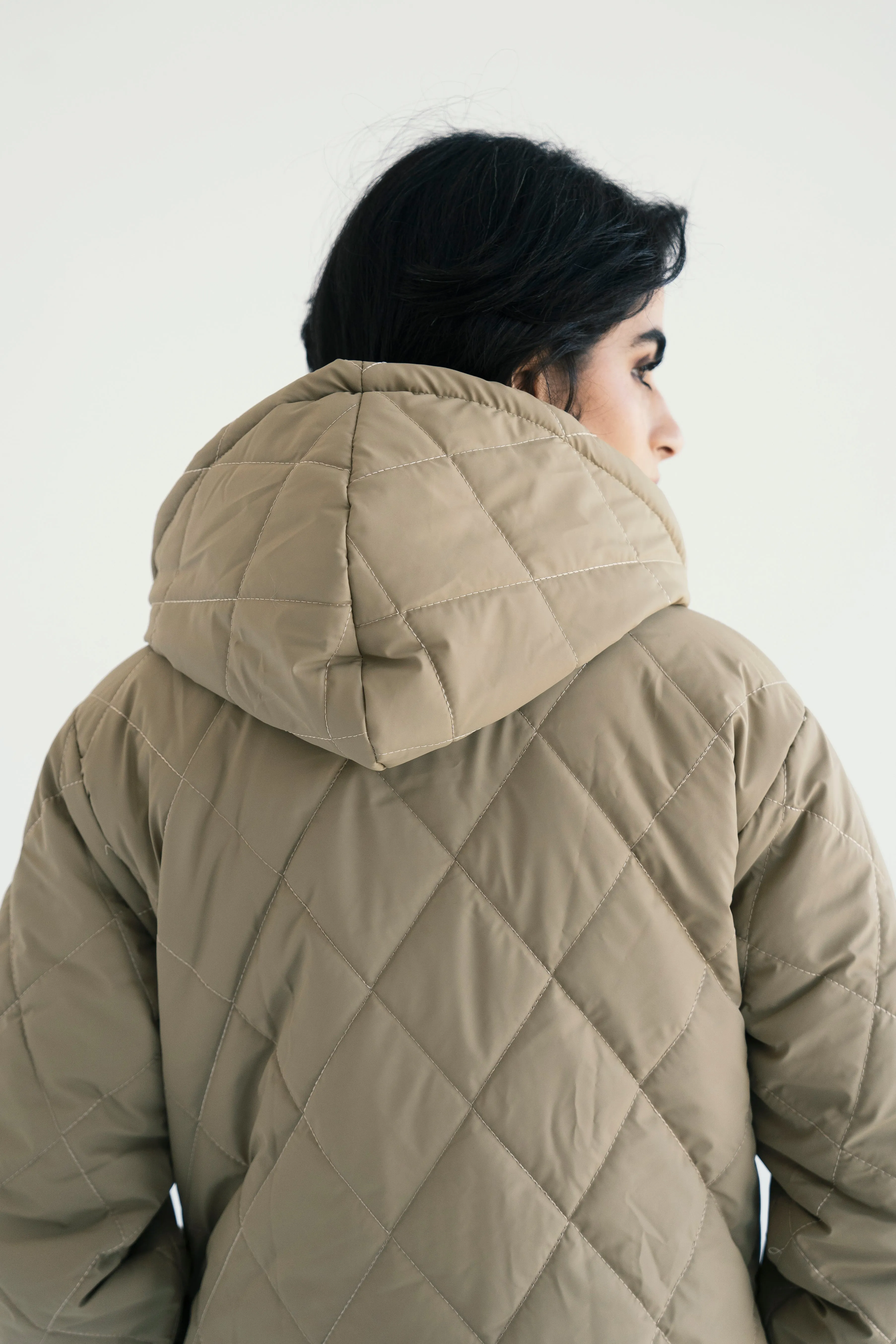 Hooded Puffer Jacket in Beige