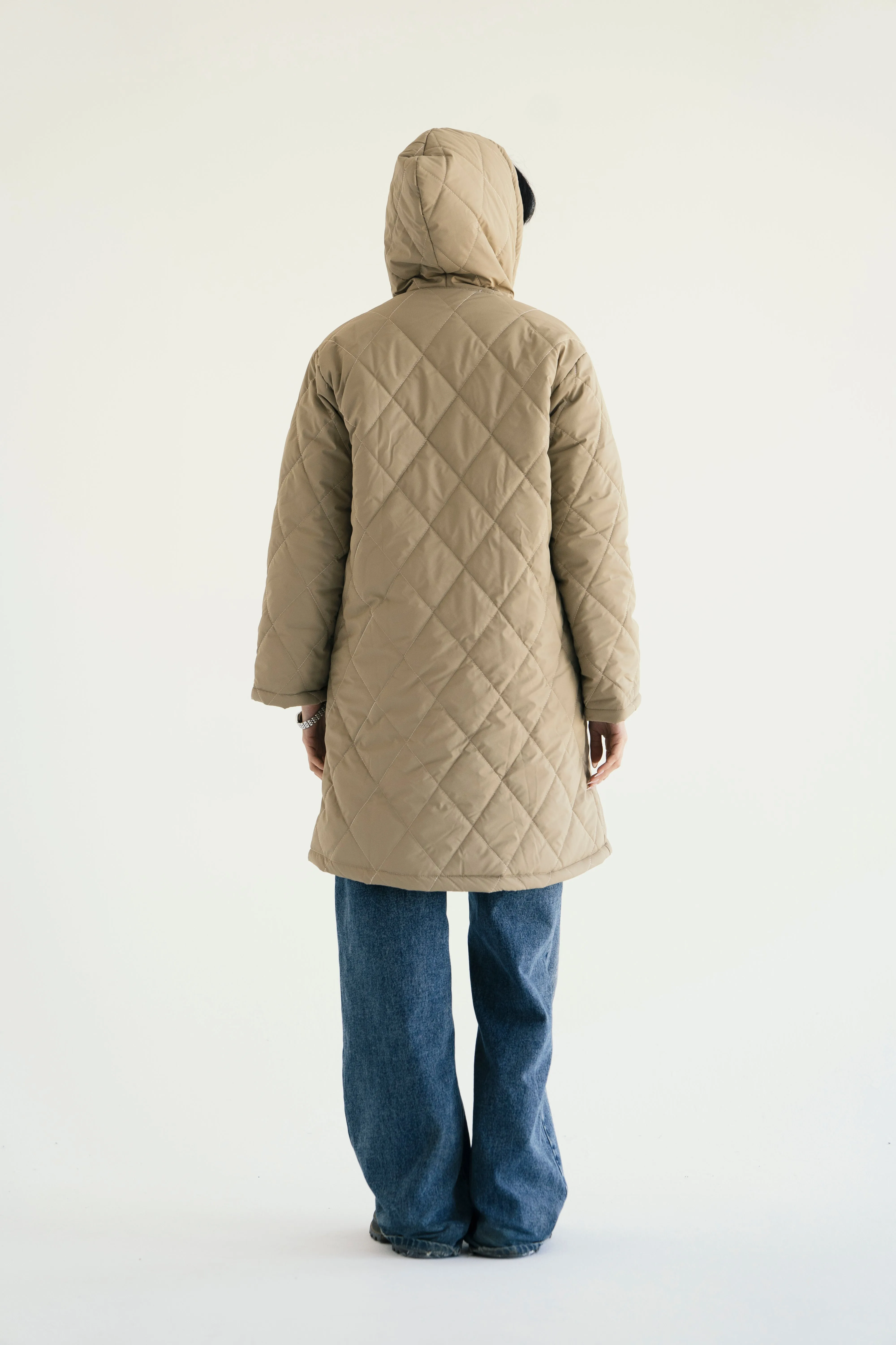Hooded Puffer Jacket in Beige