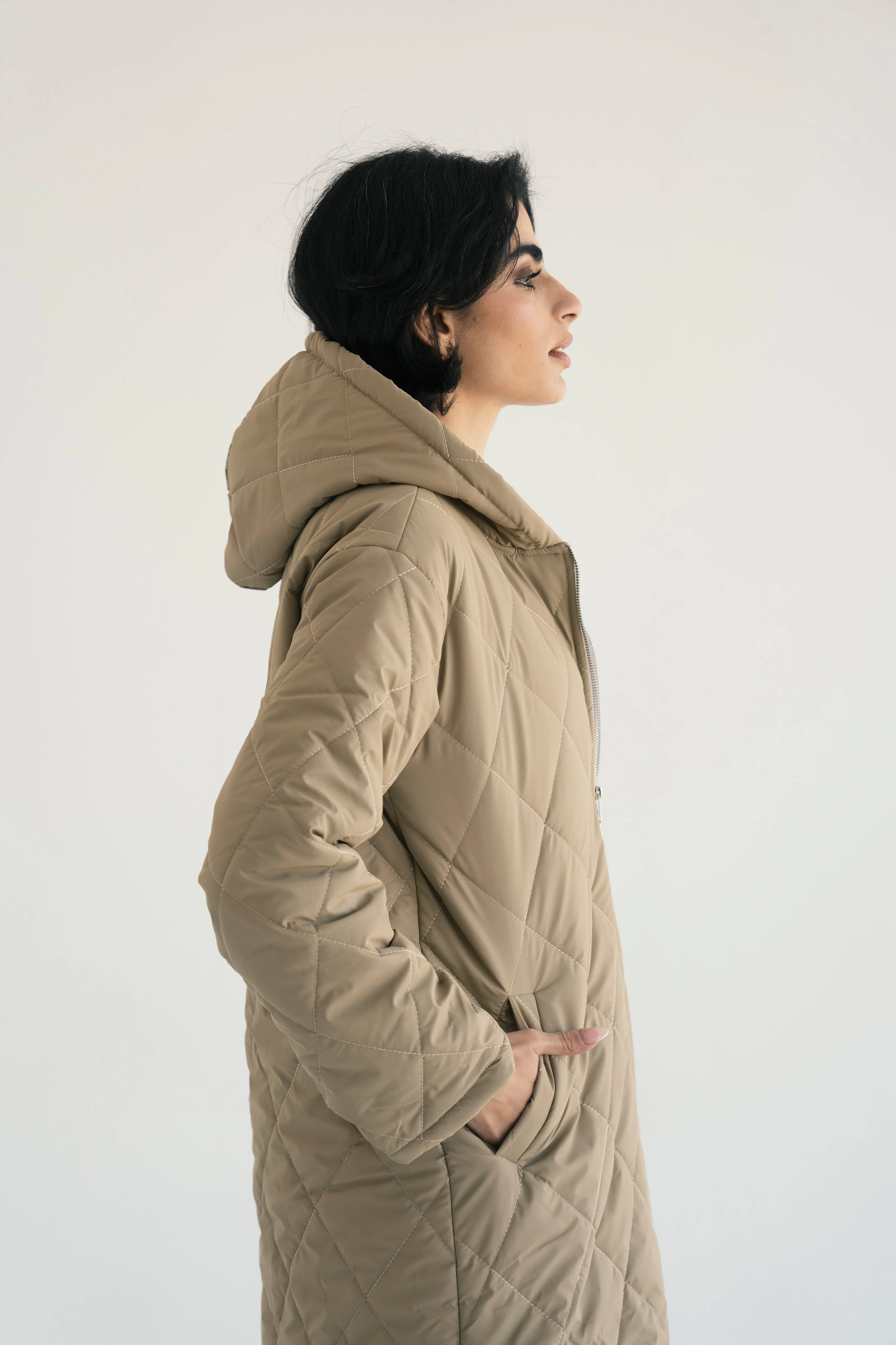 Hooded Puffer Jacket in Beige