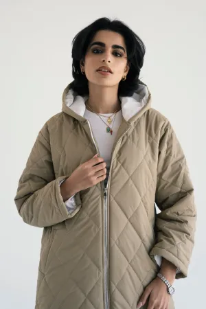 Hooded Puffer Jacket in Beige