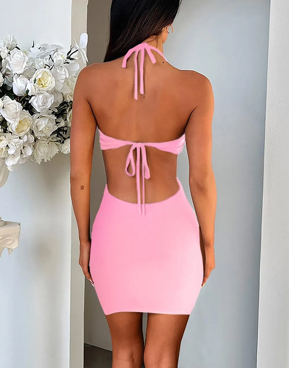 HYPERFIRE Women's Sexy Halter Ruffle V Neck Cut Out Waist Mesh Mini Dress Sleeveless Tie Back Bodycon Dresses