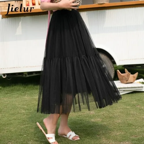 Jielur 2021 New Summer Skirt Loose Slim Mesh Tulle Skirts Womens  Chic