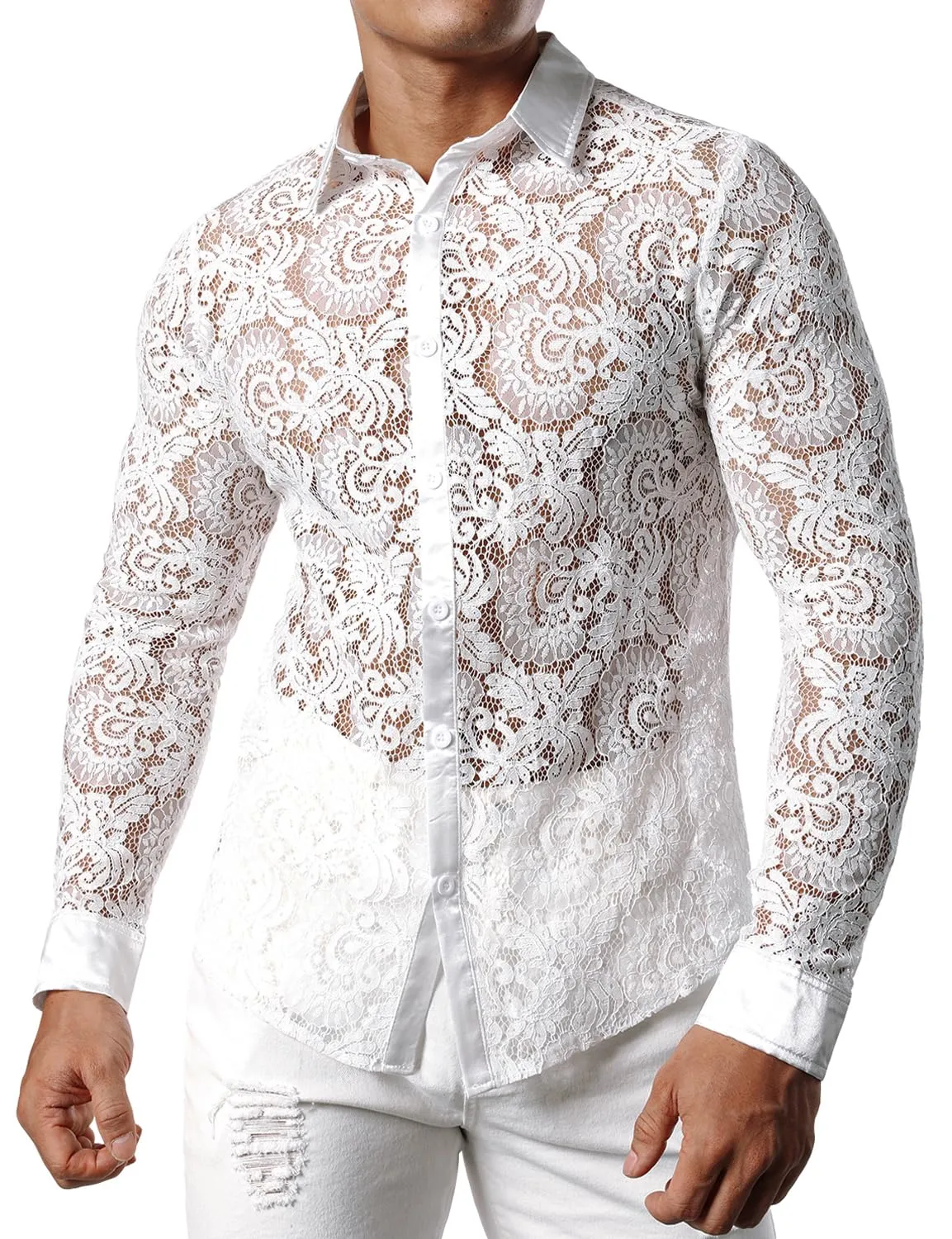 JOGAL Men's See Through Flower Lace Sheer Blouse Long Sleeve Button Down Shirts White XX-Large