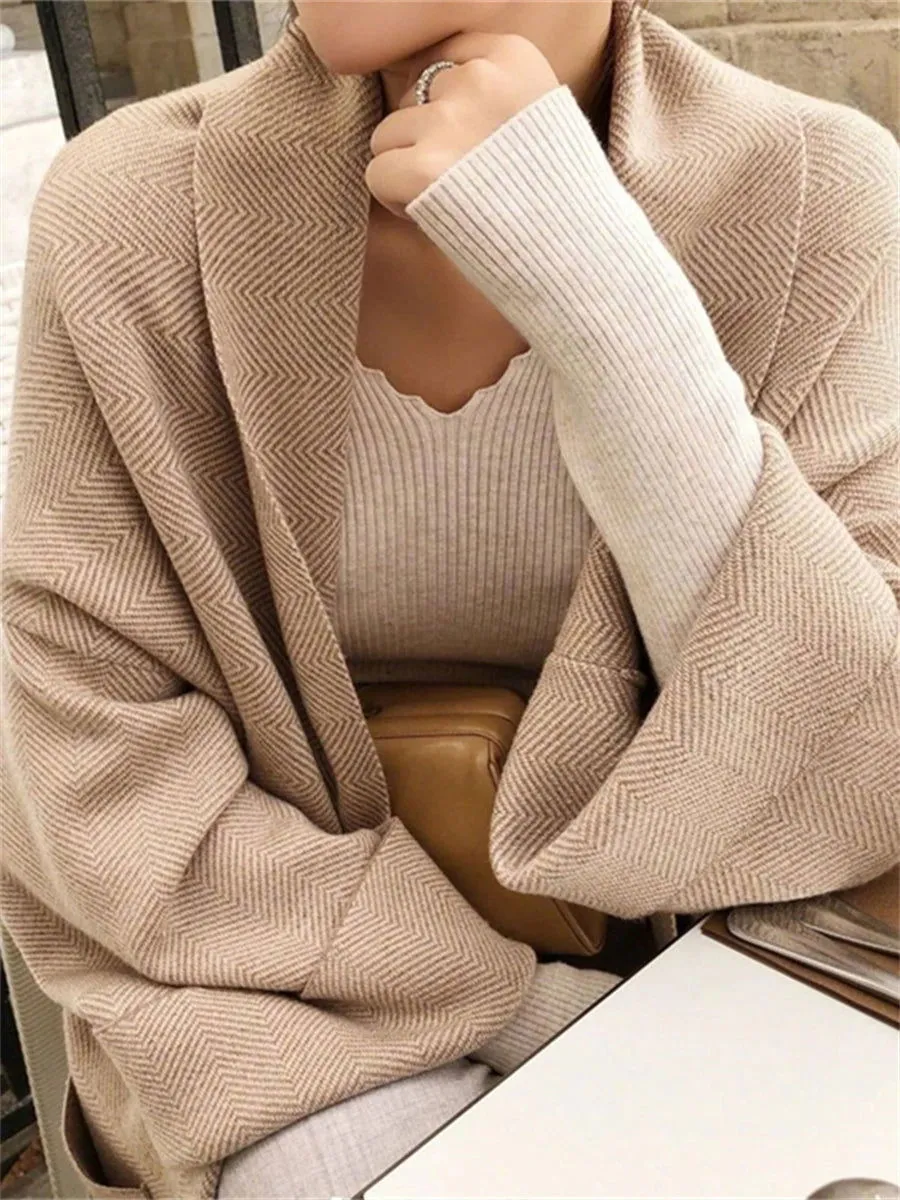 Loose Knitted Collared Long Cardigan Sweaters