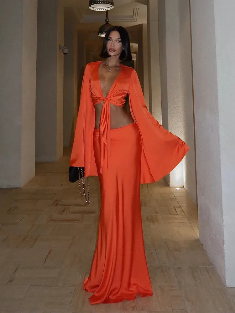 LVSANW Cnyishe Elegant Solid Suits Sexy Club Women Sets V Neck Long Sleeve Fashion Streetwear Sheath Tracksuits 2-pieces (Tops Skirts)