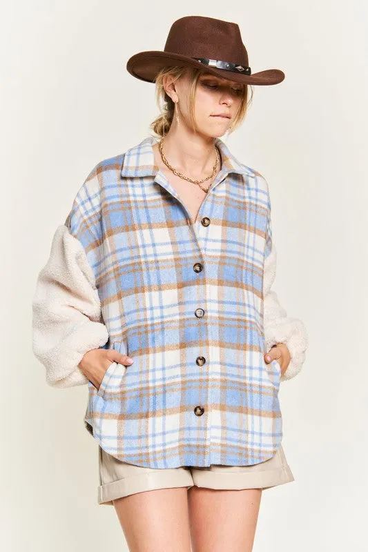 Millie Lou Multi Plaid Fuzzy Sleeve Jacket | URBAN ECHO SHOP