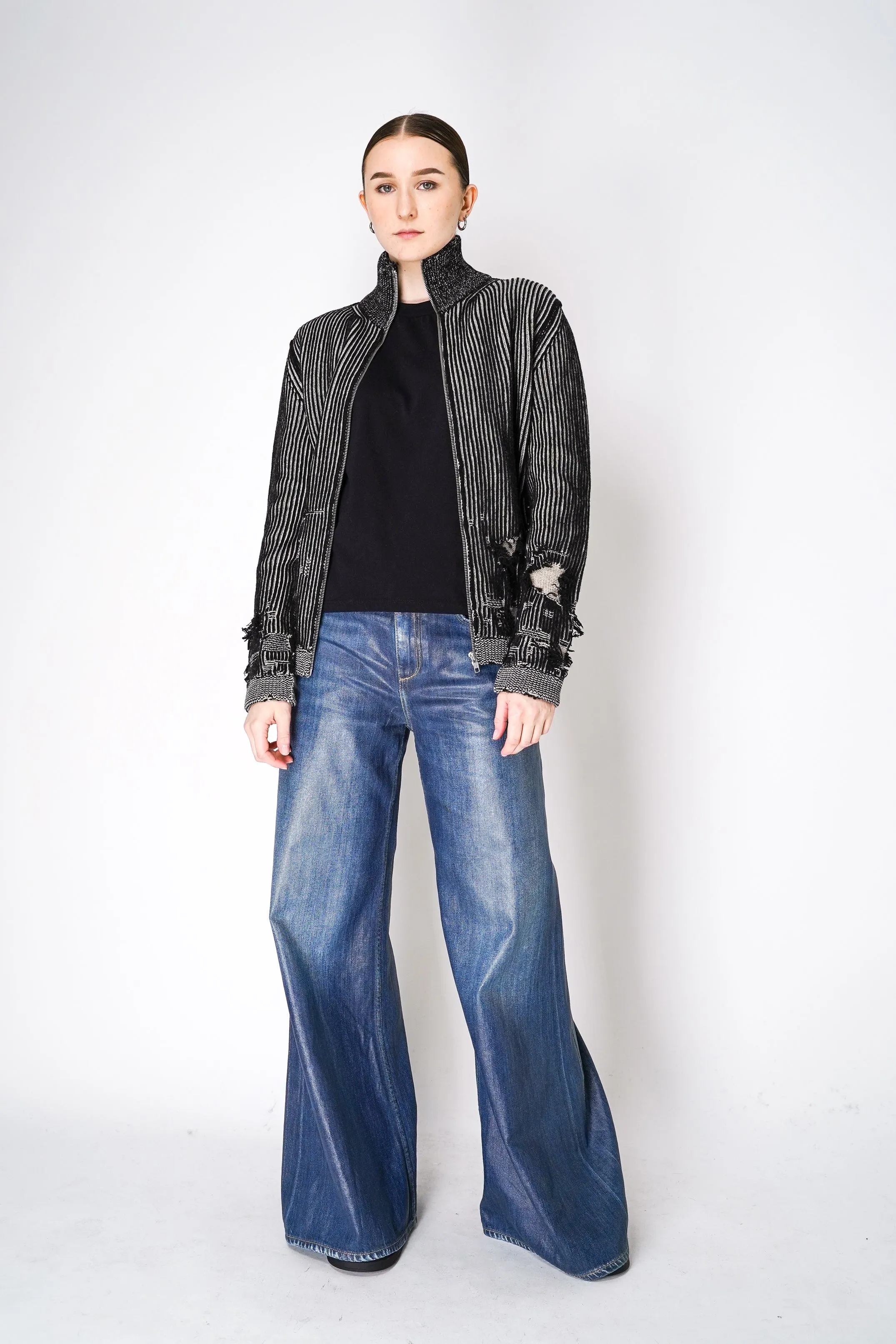 MM6 Oversized Rib Knit Wool Cardigan in Black and White Melange