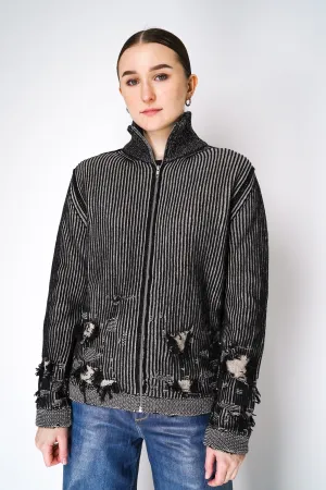 MM6 Oversized Rib Knit Wool Cardigan in Black and White Melange
