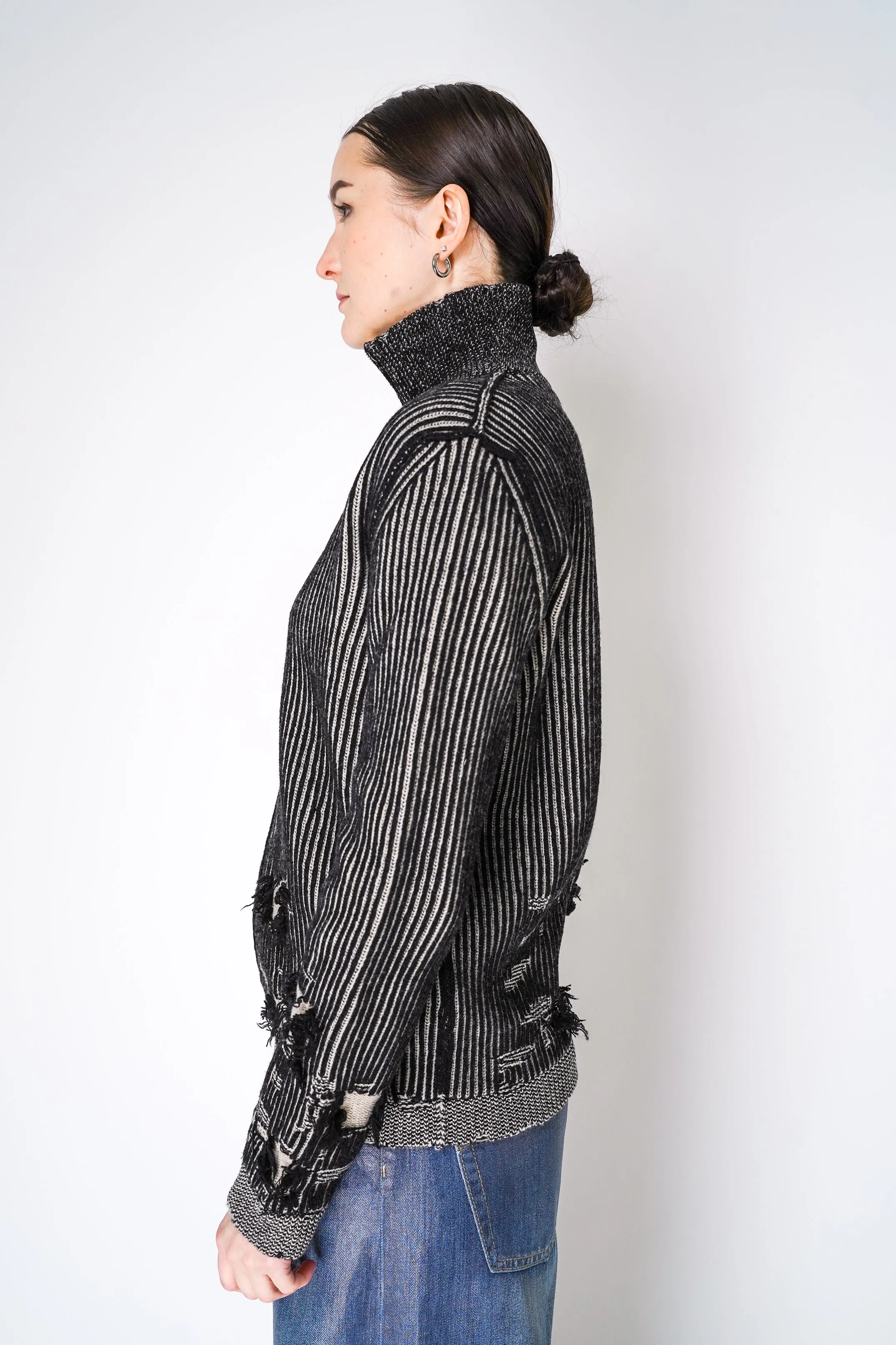 MM6 Oversized Rib Knit Wool Cardigan in Black and White Melange