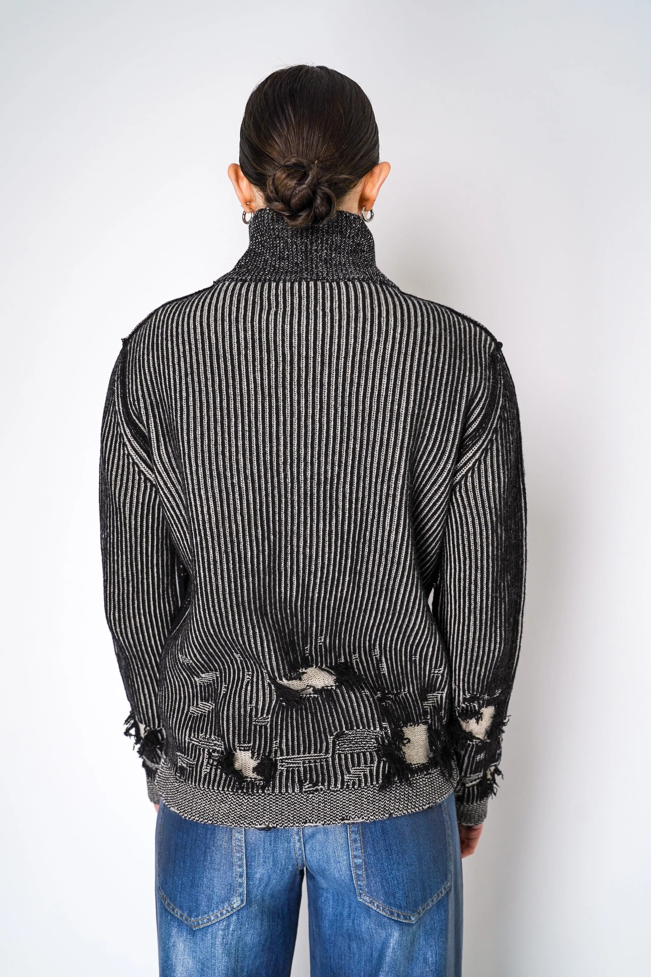 MM6 Oversized Rib Knit Wool Cardigan in Black and White Melange
