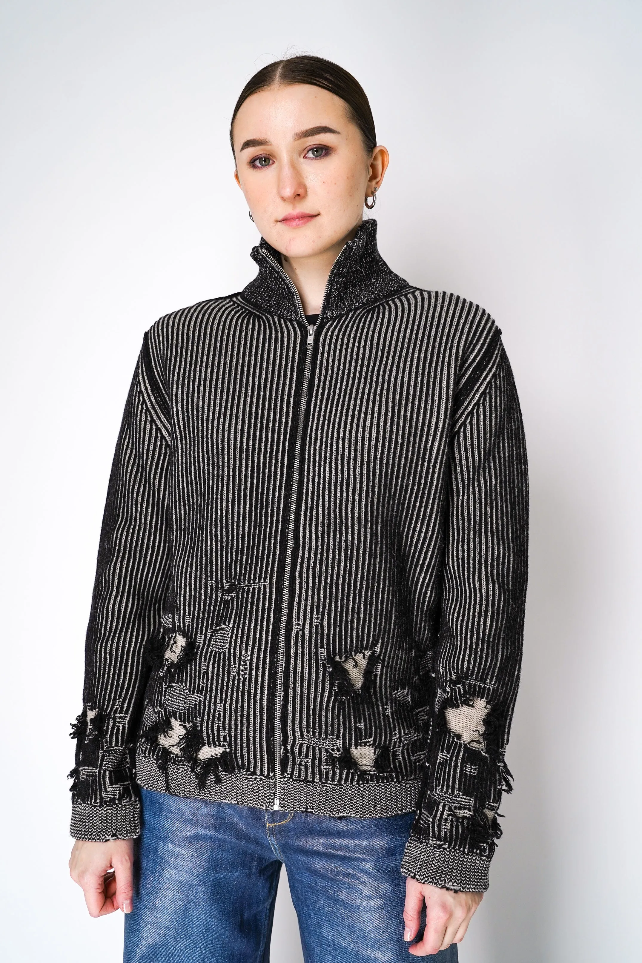 MM6 Oversized Rib Knit Wool Cardigan in Black and White Melange