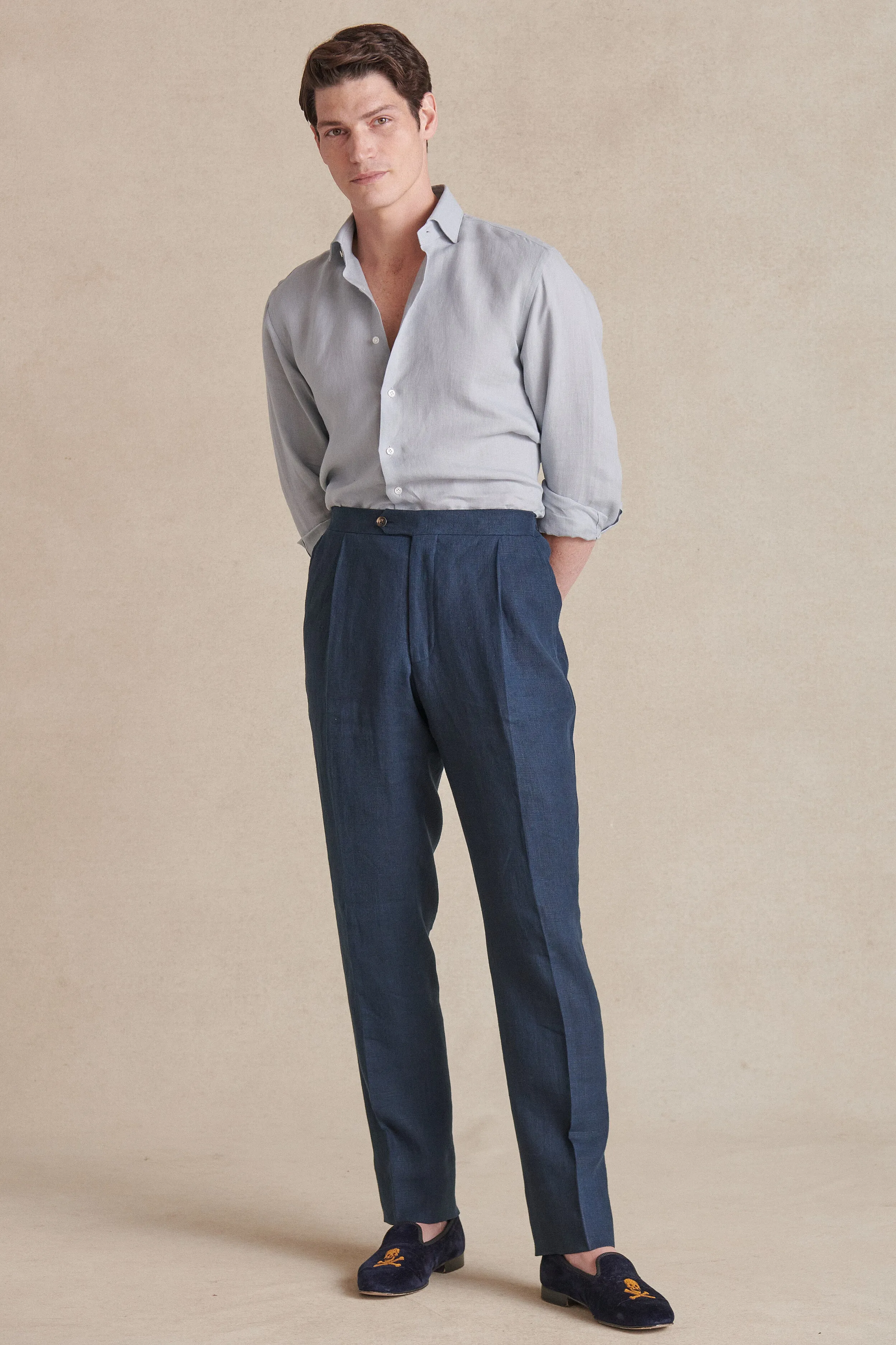 Navy Single Pleat Linen Trousers