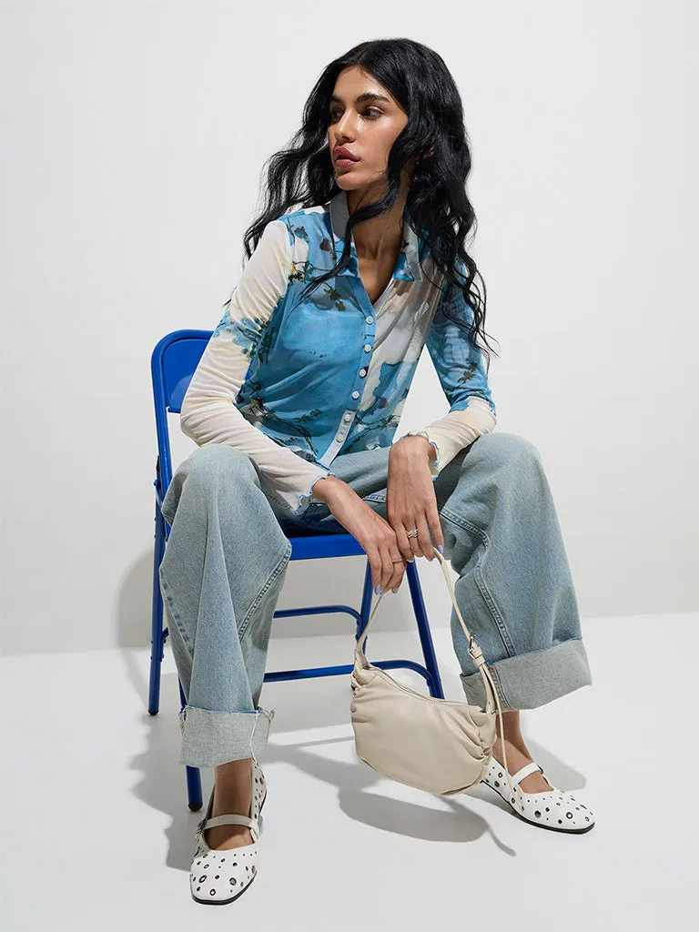 Nuon Blue Botanical Printed Mesh Shirt with Camisole