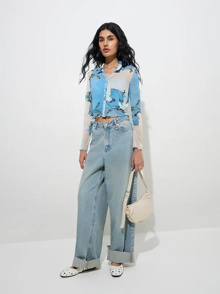 Nuon Blue Botanical Printed Mesh Shirt with Camisole
