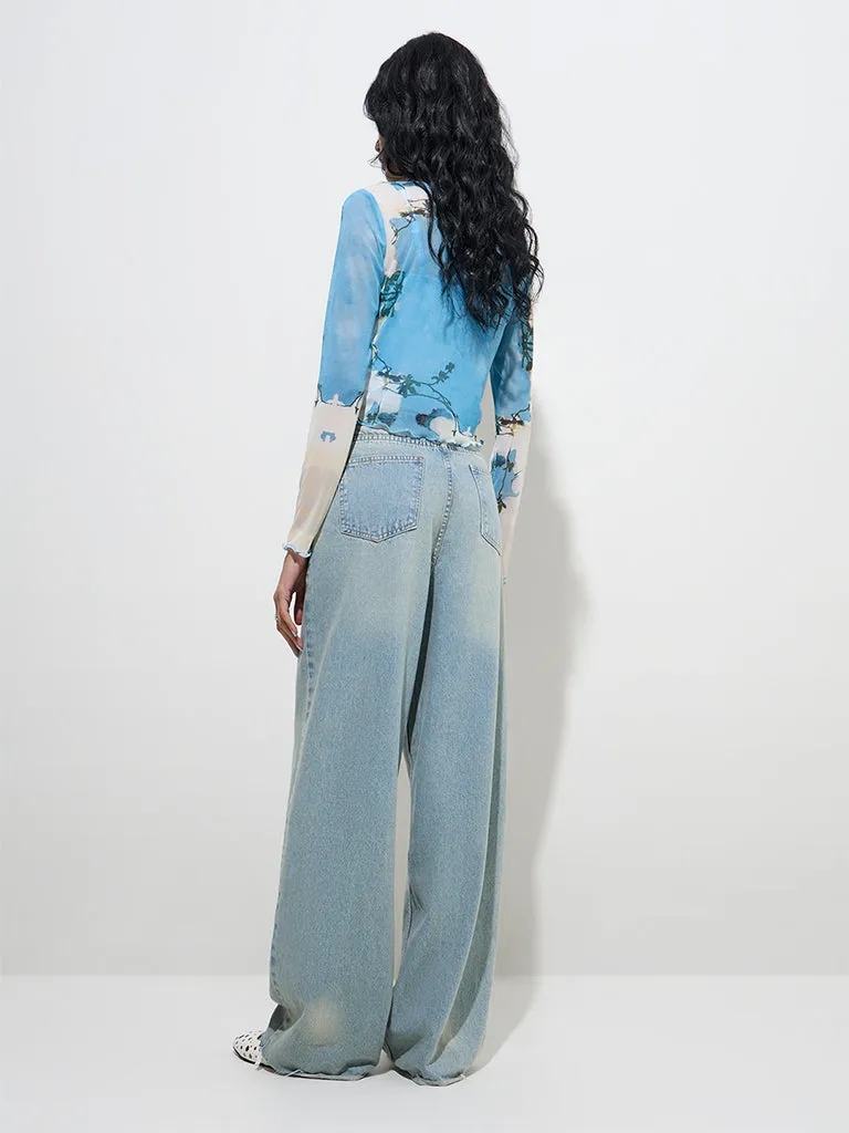 Nuon Blue Botanical Printed Mesh Shirt with Camisole