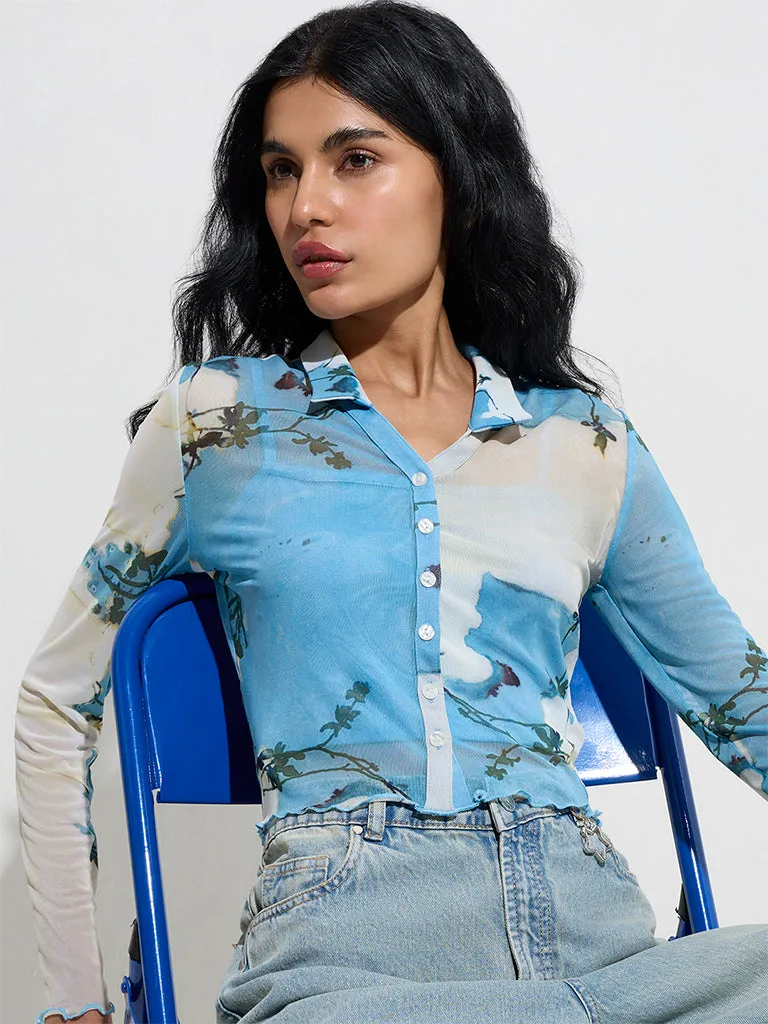 Nuon Blue Botanical Printed Mesh Shirt with Camisole