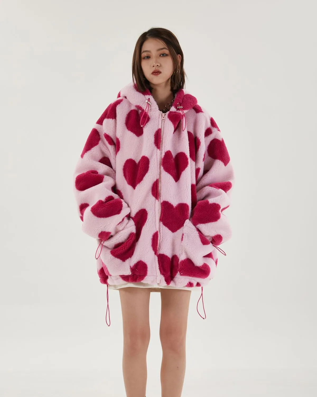 Pink Heart Pattern Hooded Jacket