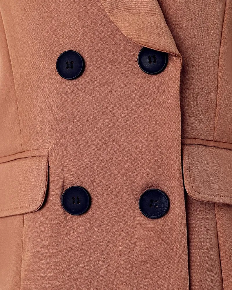 Plain Long Sleeve Double Breasted Chocolate Blazer Coat